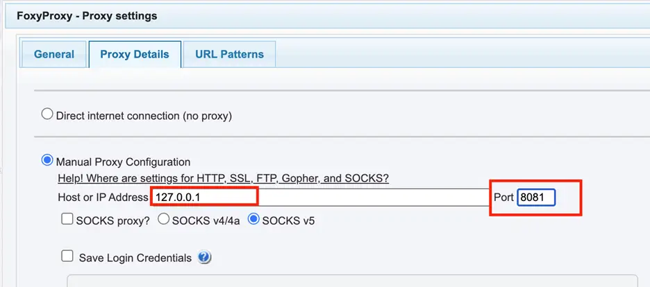 FoxyProxy Chrome settings with IP 127.0.0.1 and port 8081