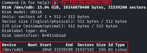 fdisk partition table showing the new single Linux partition ready to be written