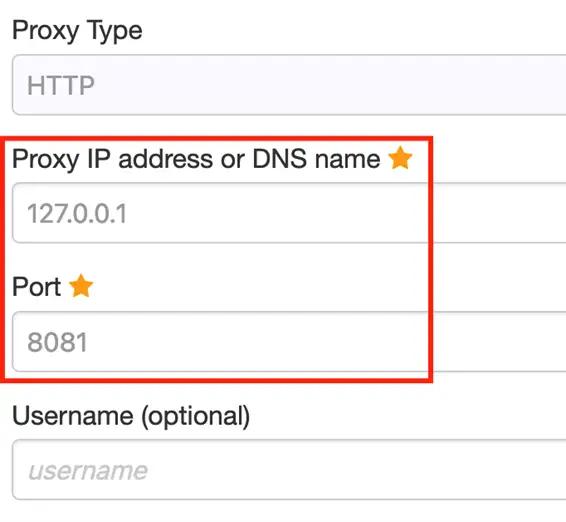 FoxyProxy Firefox settings with IP 127.0.0.1 and port 8081