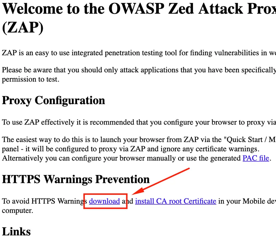 ZAP webpage with link to download CA certificate