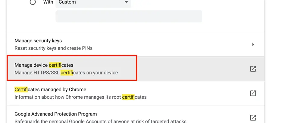 Chrome settings filtered to show Security under Privacy and security