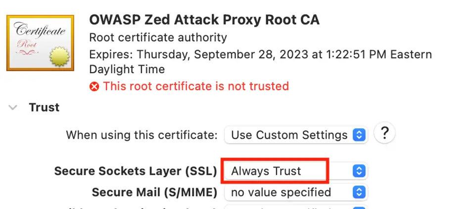 Certificate trust dialog set to Always Trust for SSL