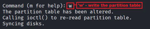 fdisk output showing the partition table written to disk and syncing complete