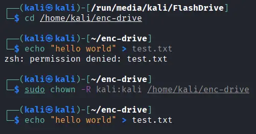 Terminal output showing a permission denied error before chown, then successful file creation after