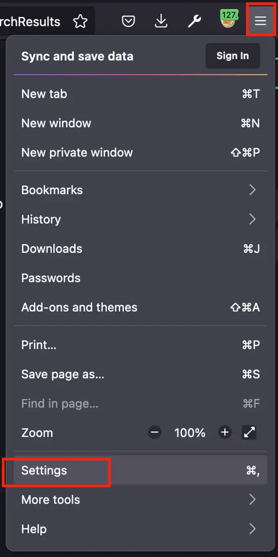 Firefox menu with Settings highlighted