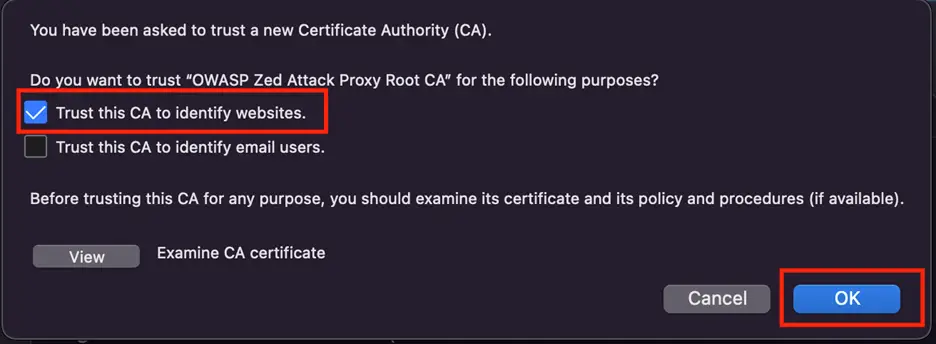 Firefox dialog asking to trust OWASP ZAP Root CA
