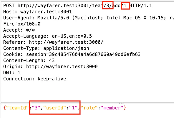 HTTP request showing team ID and user ID in route and JSON body