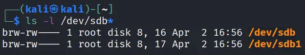 Terminal output from ls showing /dev/sdb and /dev/sdb1 confirming the new partition exists