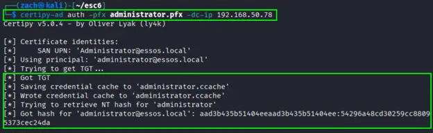 Successful authentication as Administrator via ESC6