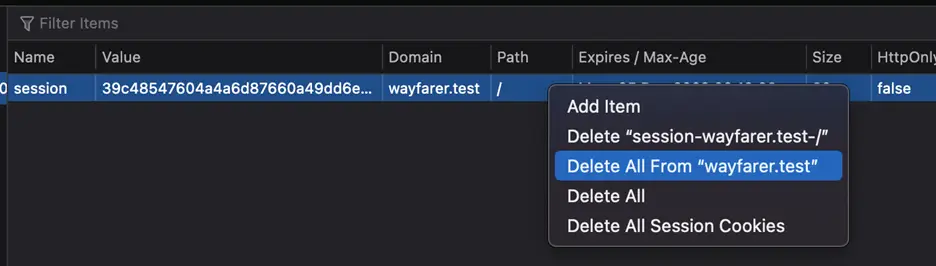 Browser dev tools showing Delete All cookies option