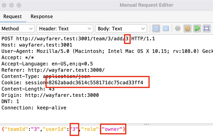 POST request with modified session cookie, userId, and role