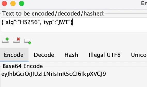 ZAP Encode tab with decoded JWT header pasted for re-encoding
