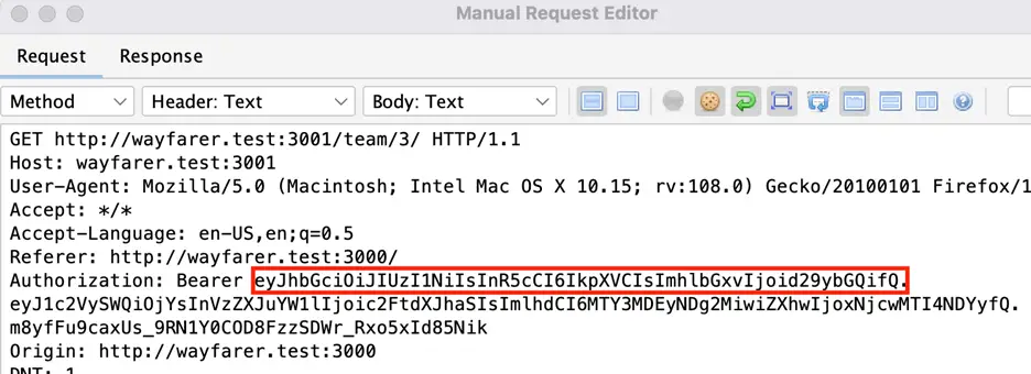 ZAP Request Editor with modified JWT header replacing original