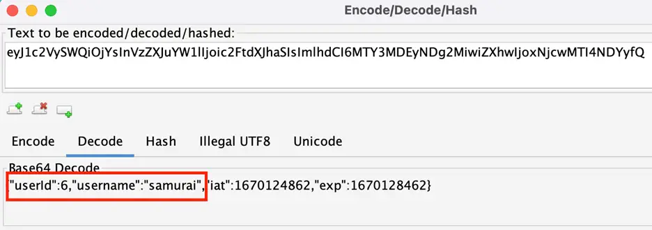 Decoded JWT payload showing userId and username claims