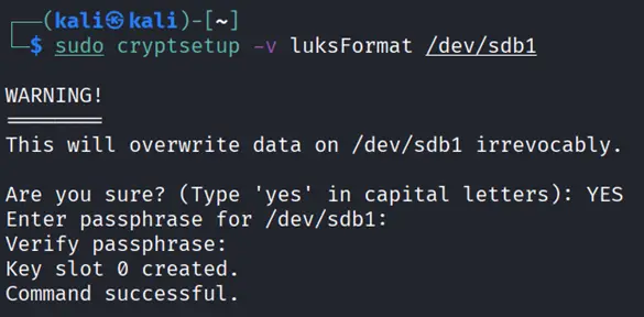 Terminal output showing the cryptsetup luksFormat command completing successfully