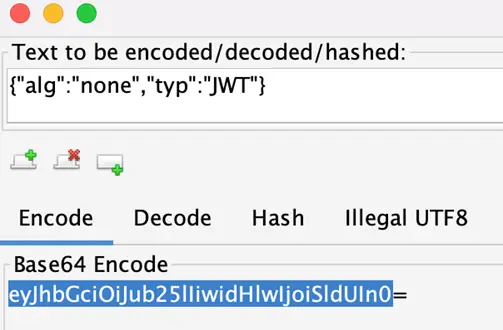 Modified JWT header with alg set to none, Base64 encoded