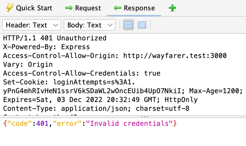 401 Unauthorized response showing Invalid credentials