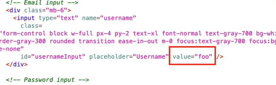 HTML source showing input value attribute containing foo