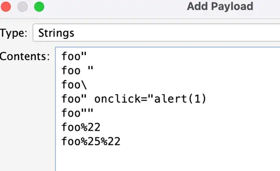 ZAP payload dialog with XSS test strings using quote and backslash characters