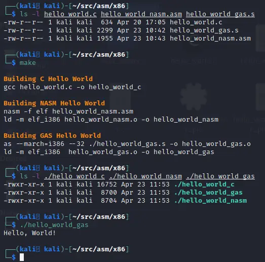 Using the Makefile to build the C, NASM, and GAS versions of Hello World