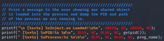 Printf statements showing loaded message PID and process path