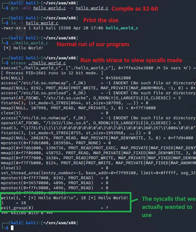 Compiling, running, and strace analysis of the C hello world program