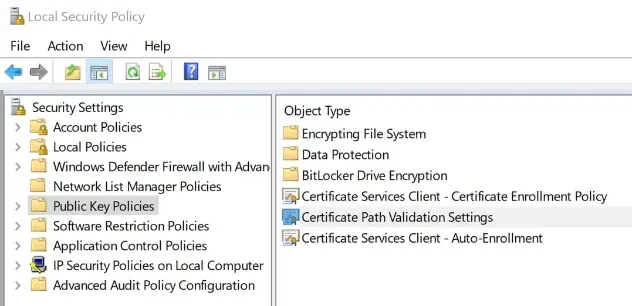 Local Security Policy Certificate Path Validation Settings