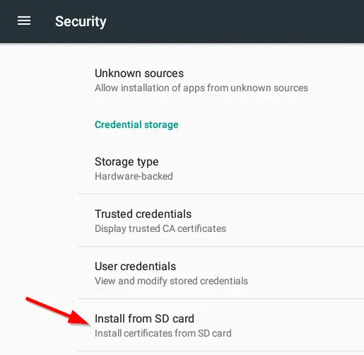 Android Security menu showing the Install from SD card option