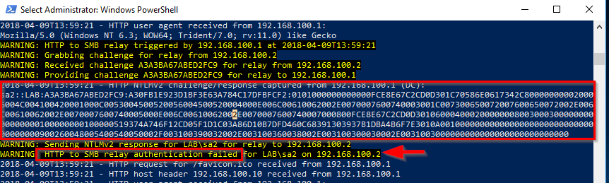 Inveigh-Relay output showing authentication failure when relaying credentials from a Protected Users group member