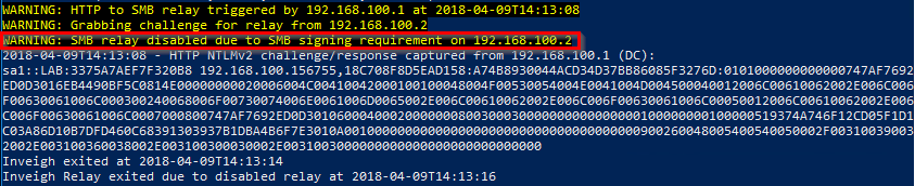 Inveigh-Relay output showing the relay stopped because the target requires SMB signing