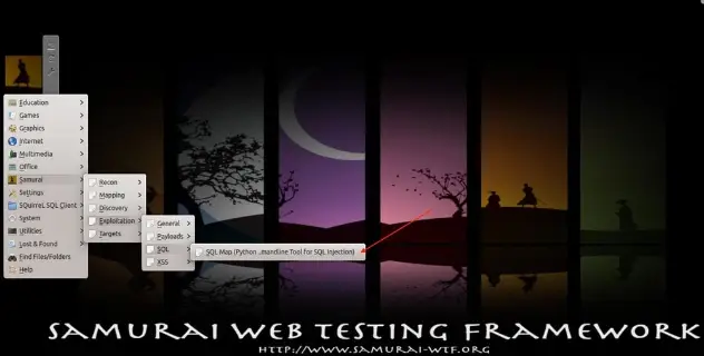 SamuraiWTF GUI showing the SQLMap tool location under the Exploitation/SQL menu