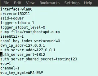 hostapd.conf configuration file showing WPA2 Enterprise settings with WPA-EAP key management and RADIUS server configuration