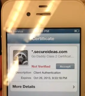 iPhone certificate warning dialog showing an untrusted certificate from the fake access point