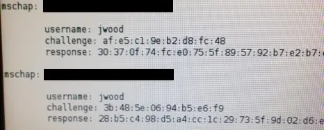 Freeradius-WPE output showing captured username and NETNTLM challenge-response hashes