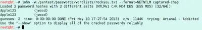 John the Ripper output showing the cracked passwords from the captured NETNTLM hashes