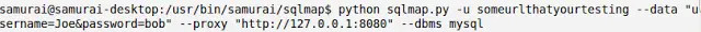 Sqlmap command with DBMS parameter set to MySQL