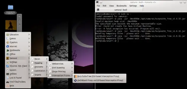 SamuraiWTF desktop with Burp Suite shortcut