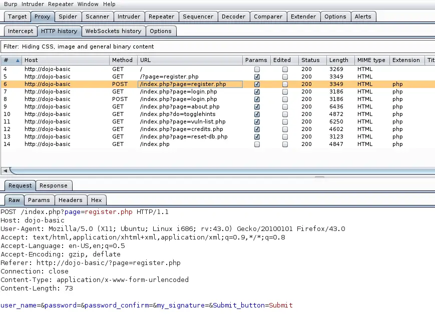 Burp showing POST registration request details