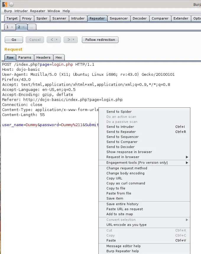Burp context menu with Send to Intruder option