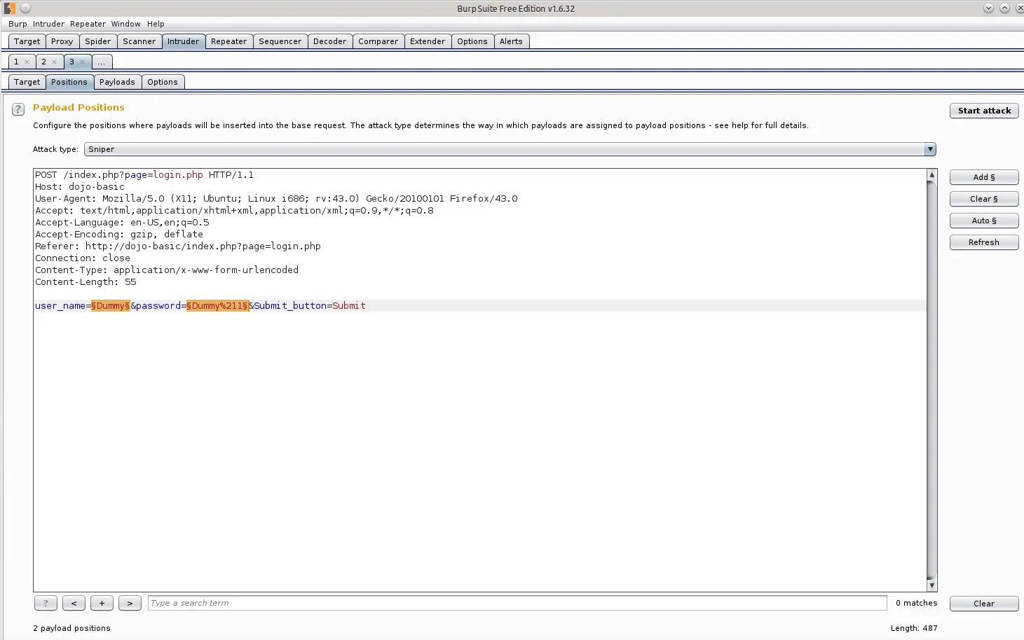 Burp Intruder positions tab with user_name and password highlighted