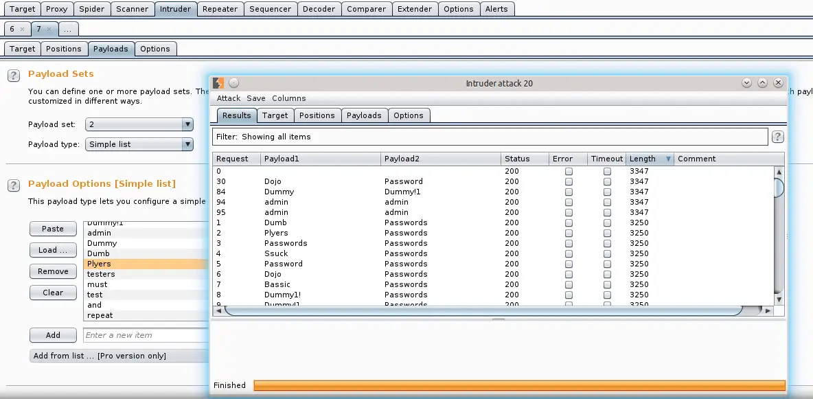 Burp Intruder results showing successful admin:admin credential match