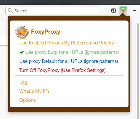 FoxyProxy selecting Burp proxy for all URLs