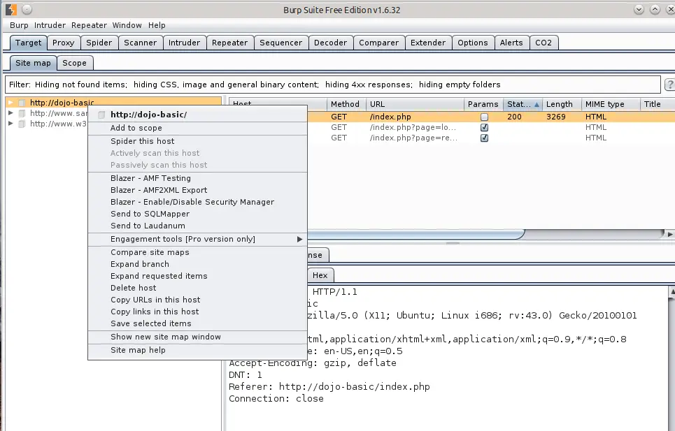 Burp context menu for setting target scope