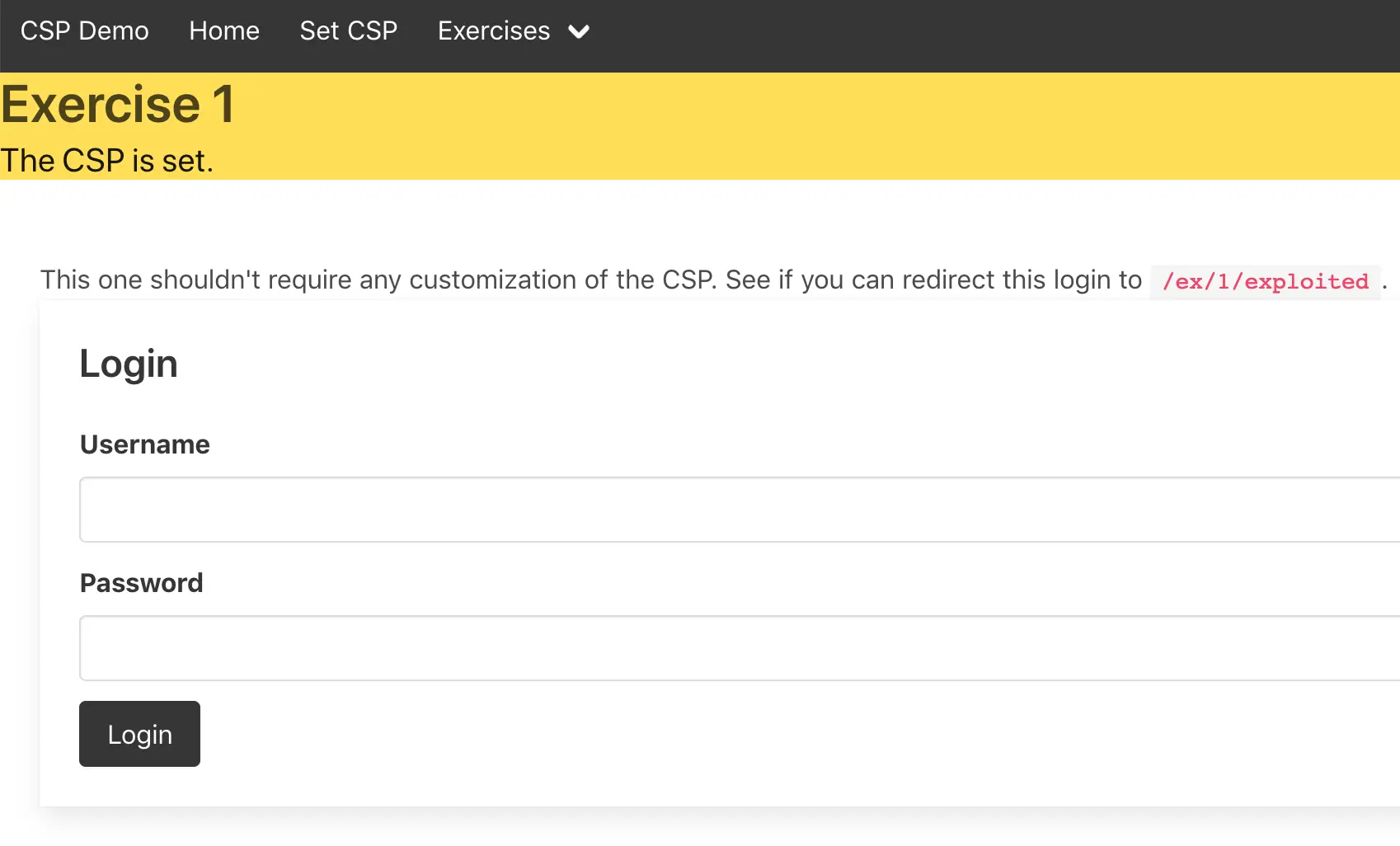 Musashi CSP exercise showing a mock login form with the goal of redirecting credentials via CSP bypass