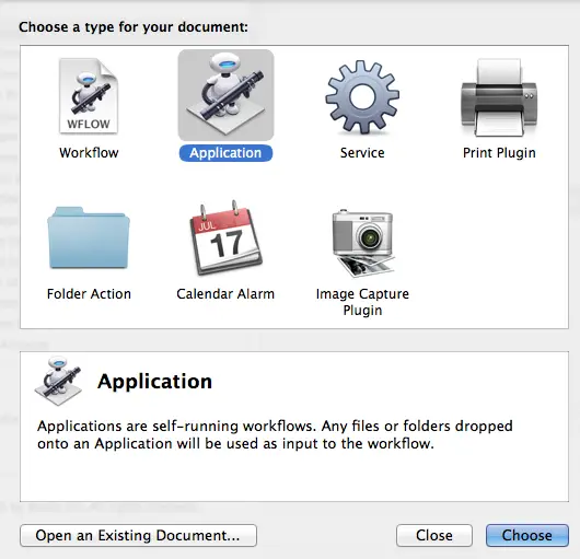 macOS Automator new document dialog showing the Application type selected