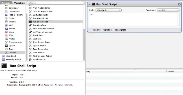 Automator workflow editor showing the Run Shell Script action added from the Utilities library